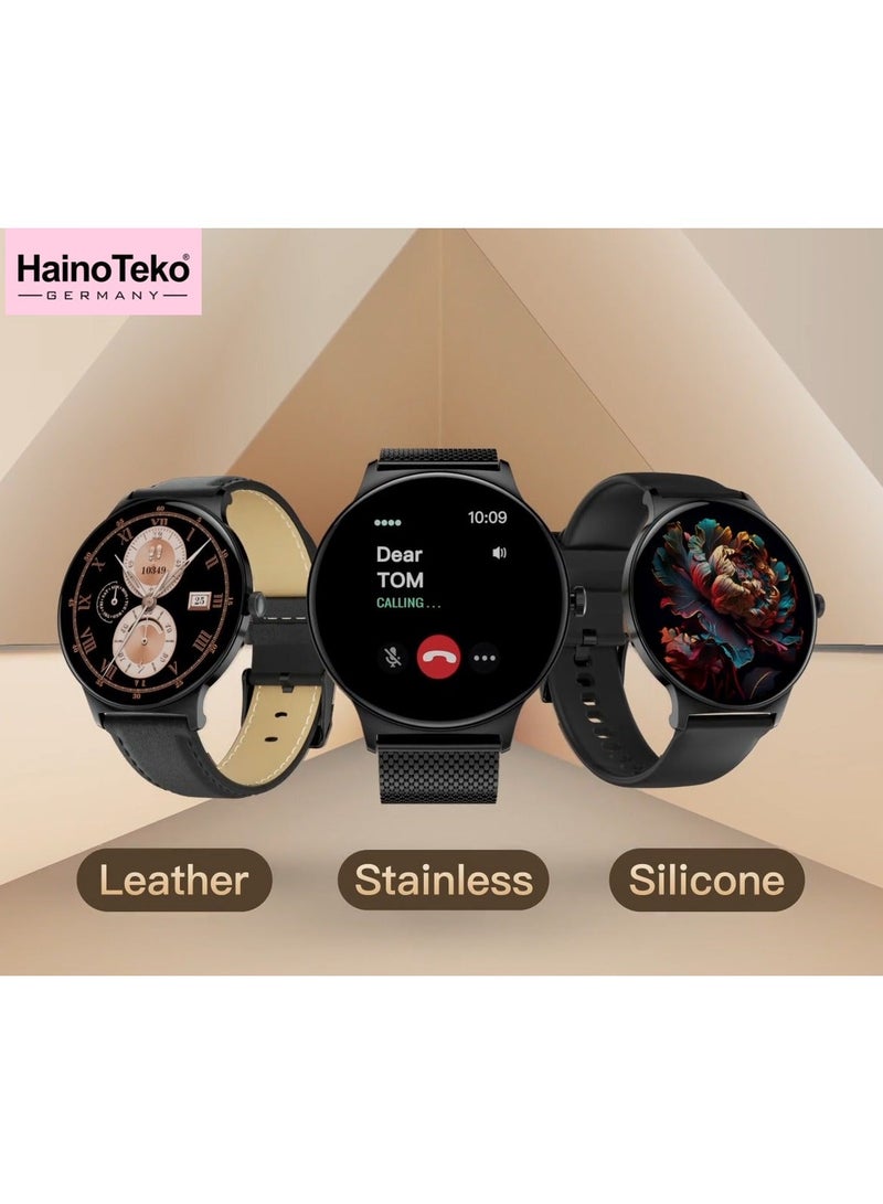 HainoTeko-5 Super Slim Smart Watch Round Shape AMOLED Display With Waterproof AI Voice Assistance and 3 Pair Straps For Ladies Black - Image 2